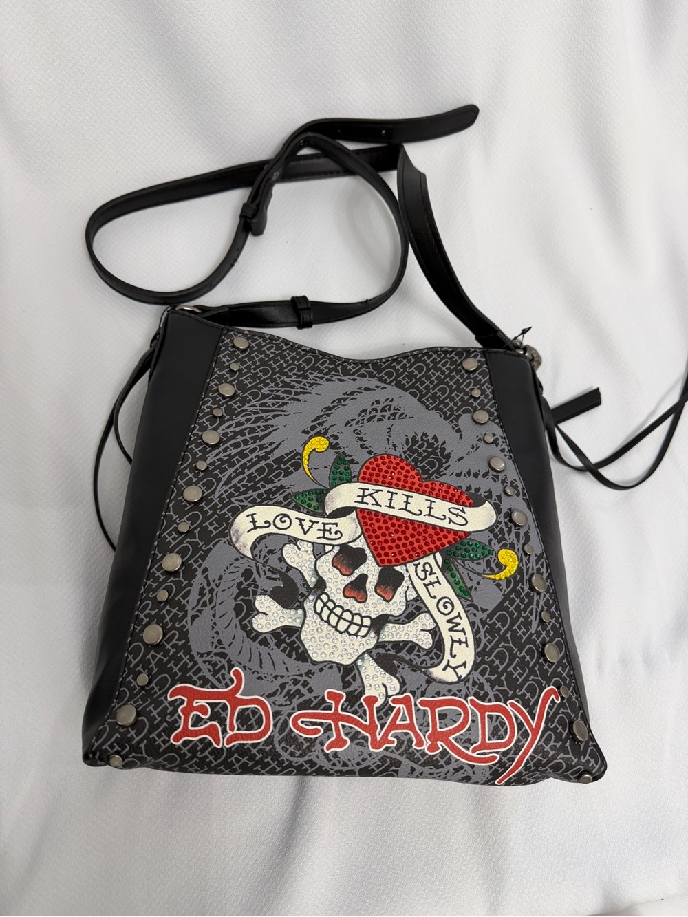 Ed Hardy Black Crossbody with Red Heart and Skull Graphic